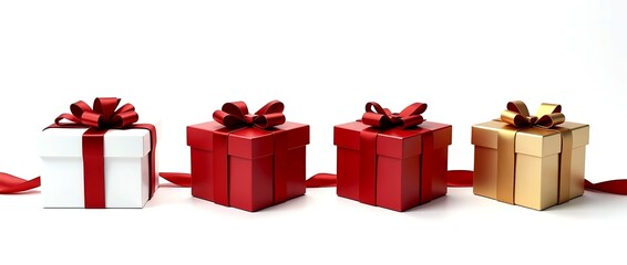 Colorful gift boxes with decorative bows, isolated on white background - ideal for celebrations, birthdays, holidays, and special occasion-themed visuals or promotions.