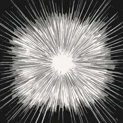 Monochrome burst of white radial lines emanating from a central bright circle against a black background, creating a dynamic explosion effect