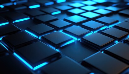 Dark blue, glowing squares, digital abstract