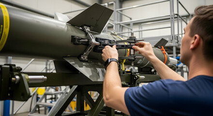 Technician Adjusting Missile Components for Precision Alignment