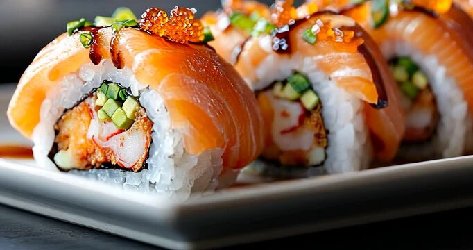 Close-up view of three salmon sushi rolls on a white rectangular plate. Each roll is topped with orange fish eggs, green onions, and a dark glaze. The sushi rice is visible, and the interior includes