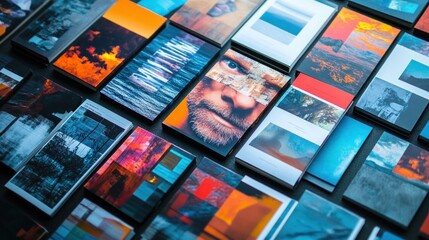 Collection of multiple colorful books and magazines arranged neatly, featuring abstract designs, landscapes, human portraits, and vibrant artistic covers