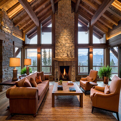 Luxury mountain cabin living room with stone fireplace