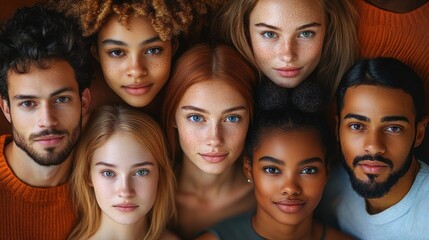 Close-up portrait of seven diverse young adults with varied skin tones and hair colors looking confidently at the camera with neutral expressions, conveying unity and strength