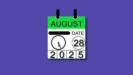 August 28 date 2025  animation . calendar animation clean and black background. and stunning 4k animation.