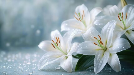 Close-up of white lilies with dew drops on smooth surface evoking freshness and purity