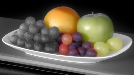 White oblong dish with grapefruit, green apple, and mixed grapes on dark gray surface