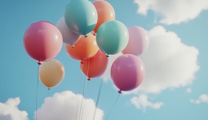 Colorful balloons against a light blue sky with fluffy white clouds