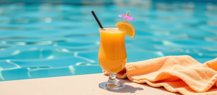 Refreshing cocktail by the poolside with a towel. - Powered by Adobe