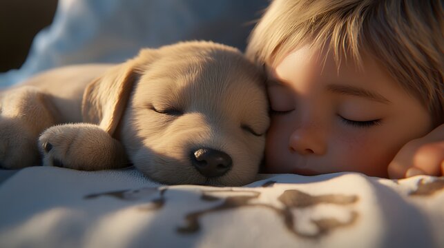 57. Real puppy sleeping next to a child