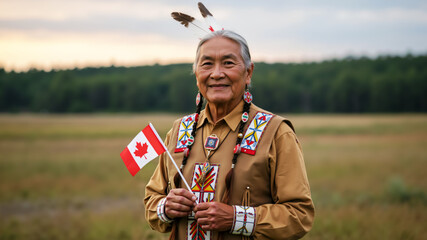 Smiling Indigenous elder in traditional clothing holding a Canadian flag. First Nations heritage in Canada. Canada day and appreciation of native culture.