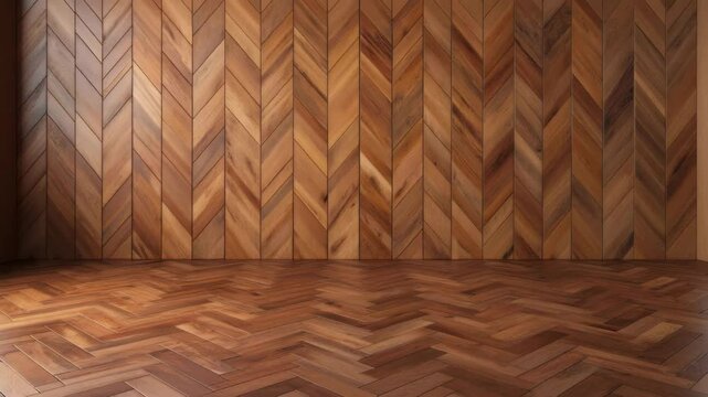 Wood wall and floor featuring herringbone pattern with natural wood texture and rich brown tones create elegant interior design showcasing warm and cozy floor and wall texture