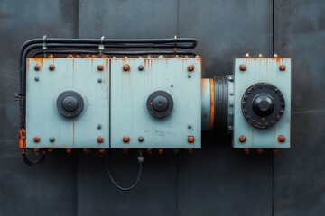rusted blue industrial control boxes with black knobs and visible bolts mounted on dark metal wall with connected cables