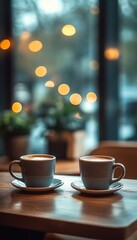 Obraz premium Two cups of coffee on saucers placed on a wooden table in a cozy cafe setting with blurred warm lights and indoor plants in the background
