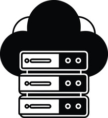 Black and white server stacks Silhouette connected to the cloud illustration icon