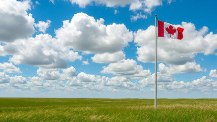 Canadian flag waving in a green prairie field under a big sky. Canadian landscape with copy space.