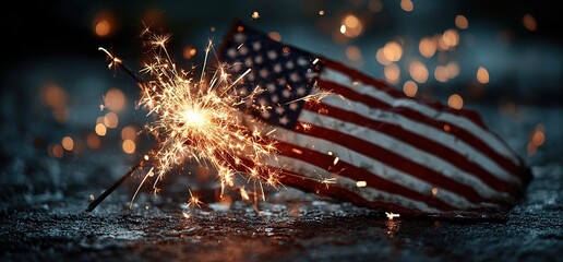 Vintage Celebration With Sparklers And Defocused American Flag - Independence Day. High quality