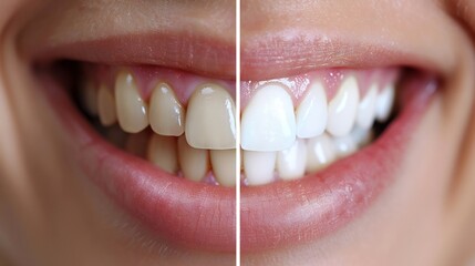 Before and after transformation of teeth after professional whitening split screen effect minimal clean background