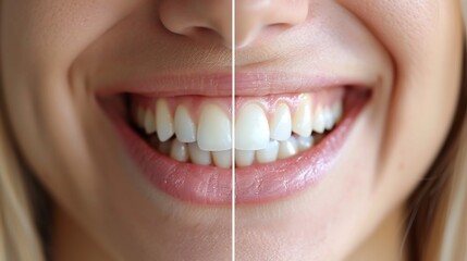 Before and after transformation of teeth after professional whitening split screen effect minimal clean background