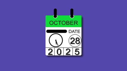 October 28 date 2025  animation . calendar animation clean and black background. and stunning 4k animation.