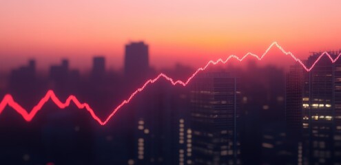 Naklejka premium Pink rising stock graph overlaid on a cityscape at sunrise/sunset