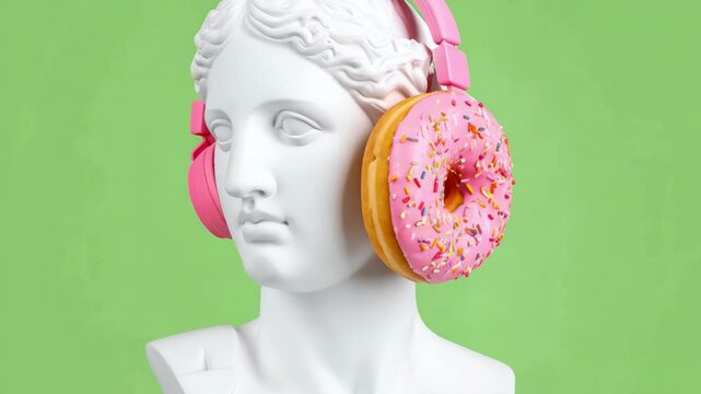 Classical bust with pink headphones and glazed doughnut against vibrant green backdrop, surreal still life highlighting juxtaposition