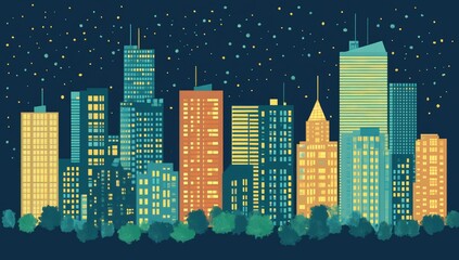 Colorful city skyline at night, stylized buildings, trees, and stars