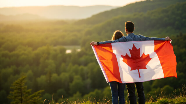 Young couple holding a Canadian flag while watching a sunset. Romantic travel and patriotism in Canada. Horizontal banner with copy space for Canada day celebration - Powered by Adobe