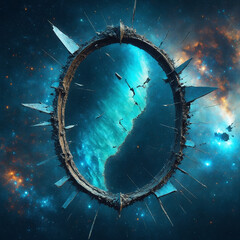 Shattered oval frame in space with teal shoreline, cosmic nebula background