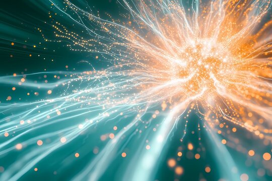 High-detail explosion of white and orange neuron lines in a dark teal mist, with flowing digital data streams branching off, 
