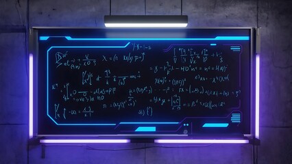Obraz premium Digital screen displaying complex mathematical equations, glowing with blue and white lights.
