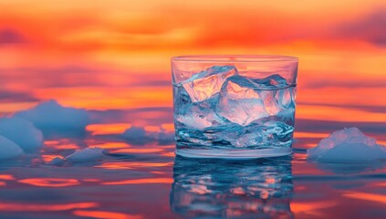 Glass of ice cubes on a reflective surface at sunset
