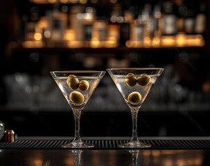 Two martini glasses, filled with a clear liquid, garnished with green olives, sit on a bar top.  A blurred bar background is visible