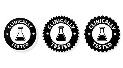 Clinically tested and clinically approved label icons in black line style, isolated on a white background - ideal for medical, pharmaceutical, or skincare product certifications and trust indicators.
