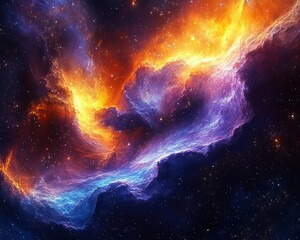 Vibrant cosmic nebula with swirling clouds of fiery orange and deep blue hues illuminating the dark starry expanse of outer space