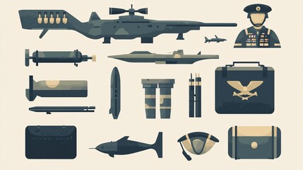 Obraz premium A Collection of Military Equipment and Personnel Flat Vector Illustration