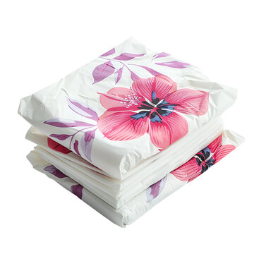 Stack of folded floral bed sheets with pink flower isolated on transparent background