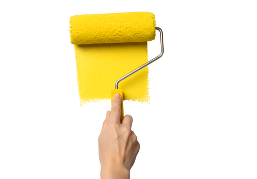 Top View of Hand Painting with Yellow Roller Brush, Isolated on Transparent or White Background