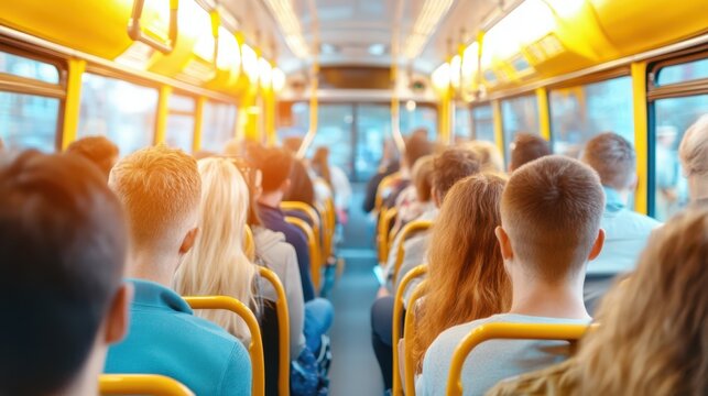 Public transport in action: A bustling bus interior, filled with a diverse array of passengers going about their daily commute.