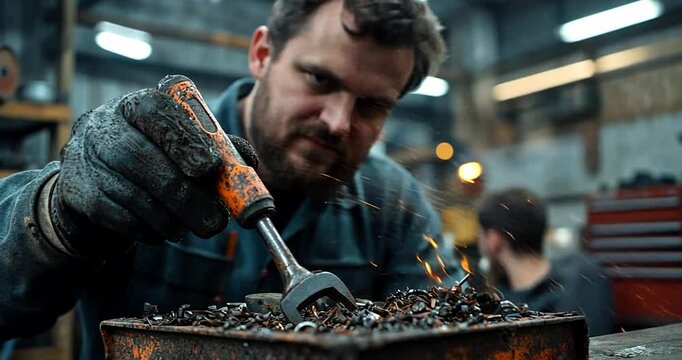 Close-up view of a man's hands using a tool to sort through dark metal shavings in a rusty orange box. The setting appears to be an industrial workshop