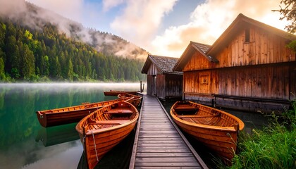 Sunrise lake with wooden boats, and dock.