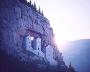 Mountain dwellings bathed in sunrise light