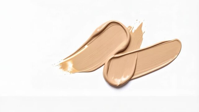 Beige foundation smears on a white background. Swatches of cream make up product for face. Cosmetic texture close up.