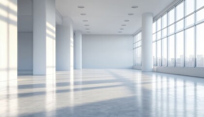 Obraz premium Bright empty modern room with large floor-to-ceiling windows, white walls, multiple pillars, and shiny floor reflecting soft natural light