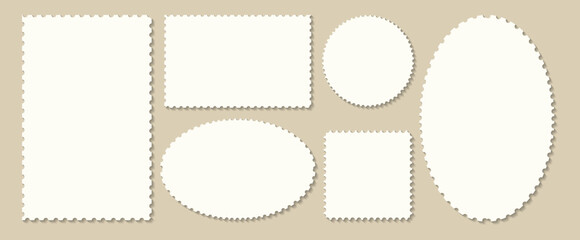 Empty postage post stamps set template in square rectangle shapes. Blank frames for mail letter. Postage perforated templates. Collection paper postmarks isolated on background. Flat design.