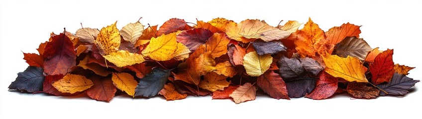 Obraz premium Pile of colorful autumn leaves in various shades of yellow, orange, red, brown, and dark purple on a white background symbolizing fall season and natural change