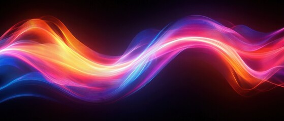 Obraz premium Vibrant flowing wave of multicolored light layers blending shades of orange, pink, purple, and blue on a dark background evoking motion and energy