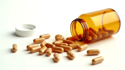Pills spilling out of a pill bottle, isolated on a white background - representing medication, health, and pharmaceutical concepts in a clean, minimalist style.