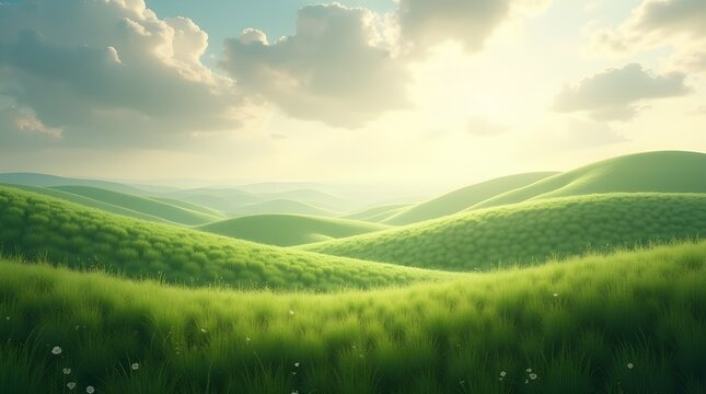 A realistic landscape image of rolling green hills under a cloudy sky, with patches of sunlight moving across the landscape and a gentle breeze swaying tall grass.