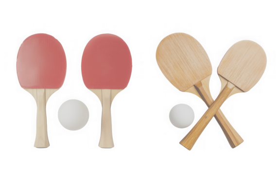 Table tennis paddles and balls isolated on transparent background